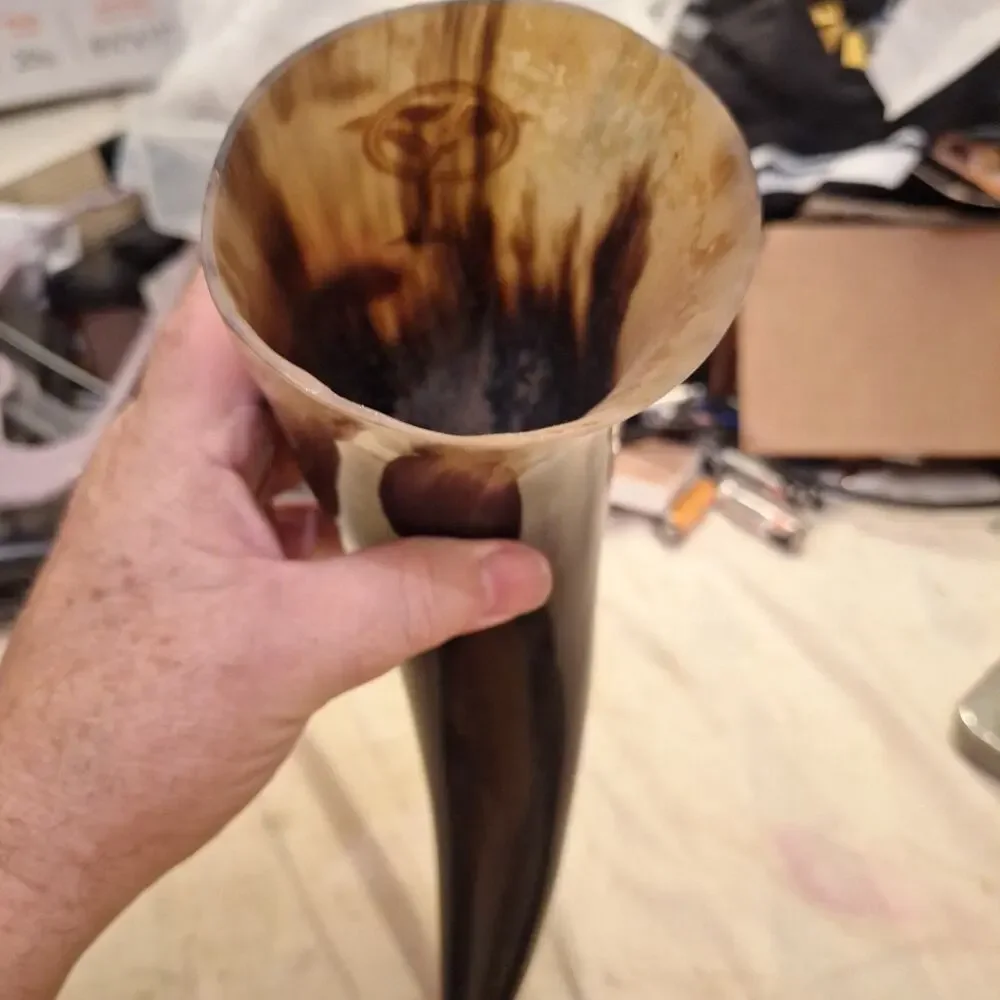 10” Viking Drinking Horn W Natural Curve & Blend Of Colors With Etched Design